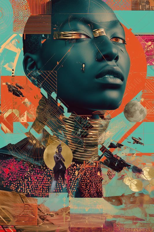 Wall Art 'Stellar Monarch' - AfroNeoPop Collage of a Futuristic Queen, African Decor